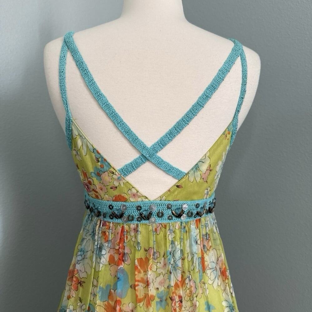 100% Silk Sue Wong Green Multicolor Beaded Floral Maxi Dress Blue Crochet - Picture 6 of 13